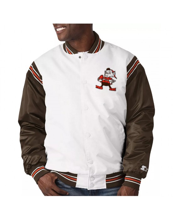 Cleveland Browns Historic Renegade White/Brown Satin Varsity Jacket