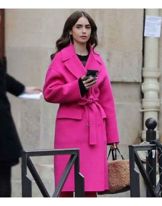 Emily in Paris Lily Collins Pink Wool Belted Coat