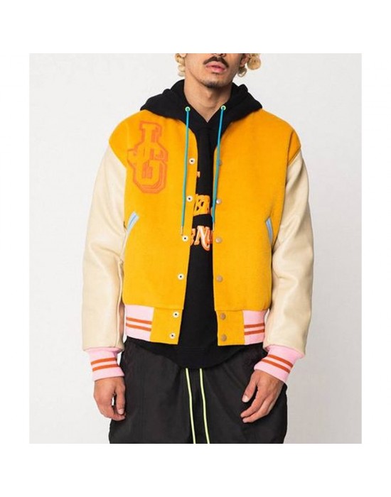 John Geiger Gold and Beige Varsity Jacket