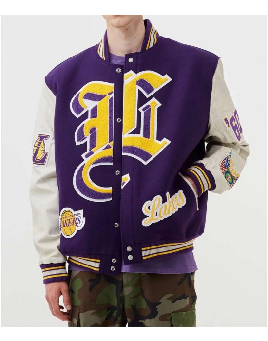 LA Lakers Letterman Purple Wool and White Leather Jacket