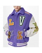 LV Purple and White Cartoon Wool Varsity Jacket