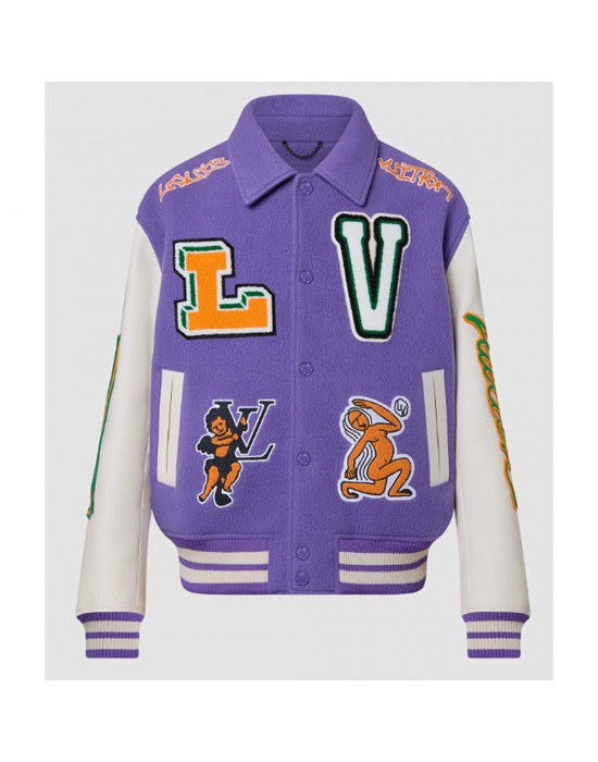 LV Purple and White Cartoon Wool Varsity Jacket