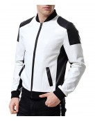 Men’s Black and White Leather Biker Bomber Jacket