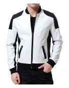 Men’s Black and White Leather Biker Bomber Jacket