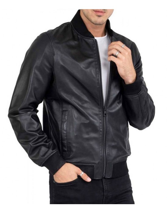 Men’s Casual Bomber Real Black Leather Jacket