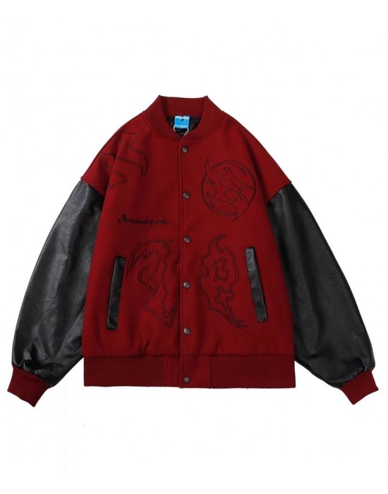 Men’s Embroidered Hip Hop Wool Varsity Jacket with Leather Sleeve