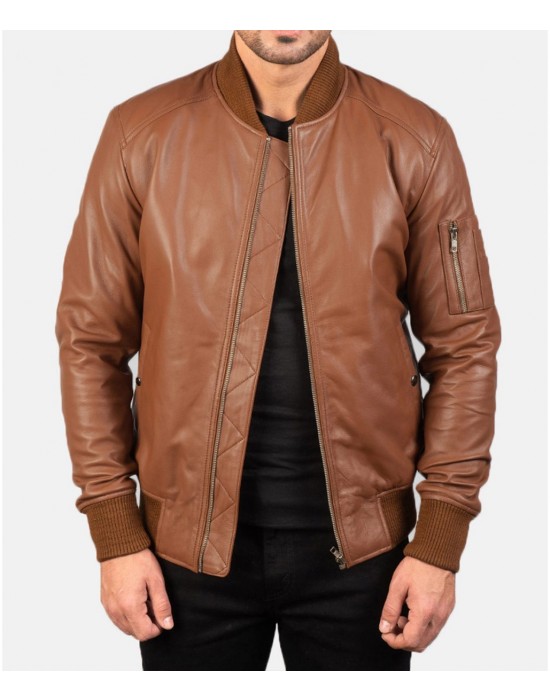 Men’s MA-1 Flight Brown Leather Bomber Jacket