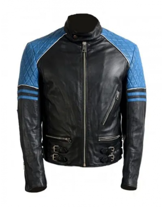 Men’s Quilted Biker Stylish Black and Blue Leather Jacket