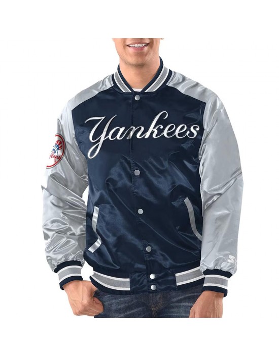 Navy/Silver New York Yankees Renegade Varsity Satin Jacket