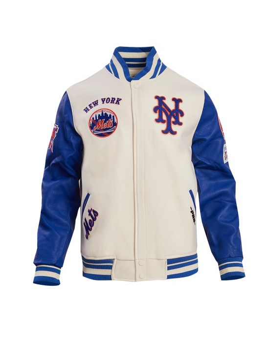 New York Mets Retro Classic Off White & Blue Varsity Jacket