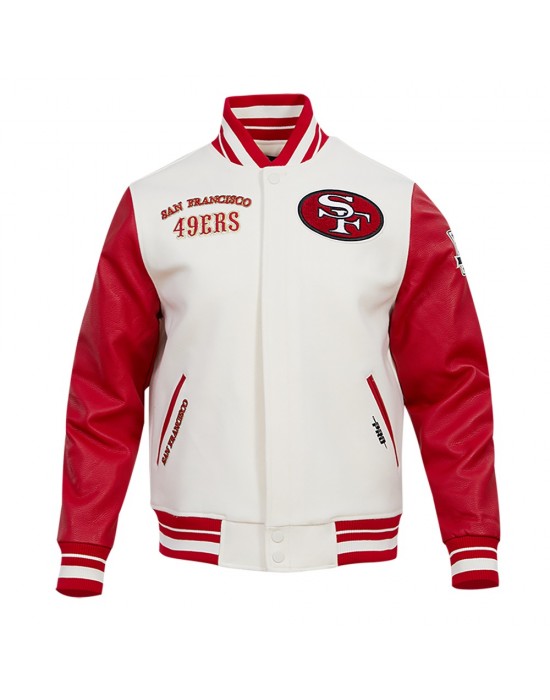 San Francisco 49ers Off White Wool And Red Leather Varsity Jacket