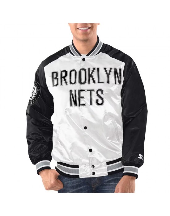 White/Black Brooklyn Nets Renegade Varsity Satin Jacket