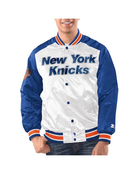 White/Blue New York Knicks Renegade Varsity Satin Jacket