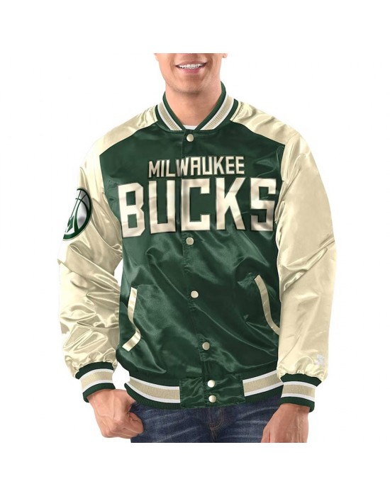 White/Hunter Green Milwaukee Bucks Renegade Varsity Satin Jacket