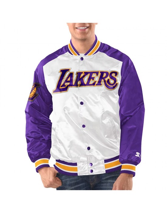 White/Purple LA Lakers Renegade Varsity Satin Jacket