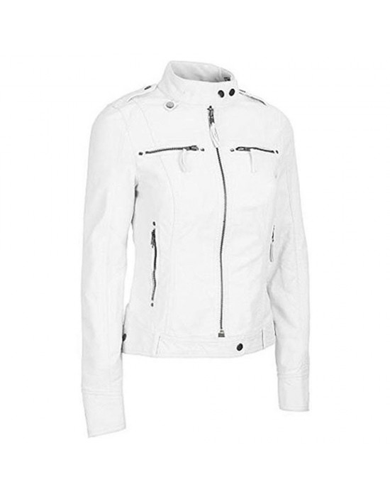 White Zipper Pockets Leather Jacket