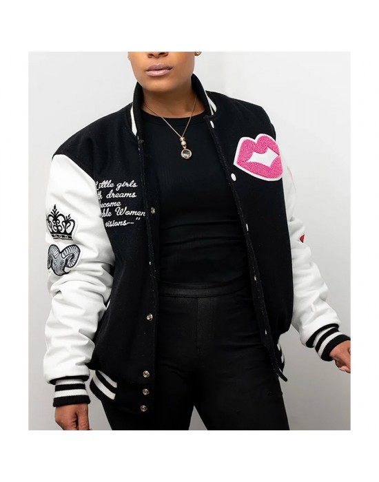 Adorable Woman Black and White Varsity Jacket