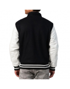 Black Body & White Leather Sleeves Letterman Jacket With Byron Collar and Zipper