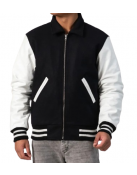 Black Body & White Leather Sleeves Letterman Jacket With Byron Collar and Zipper