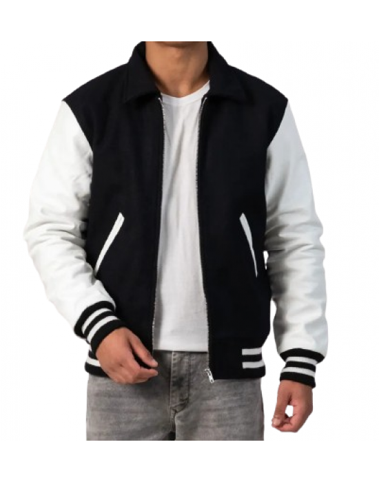 Black Body & White Leather Sleeves Letterman Jacket With Byron Collar and Zipper