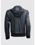 Black Hooded Leather Bomber Jacket