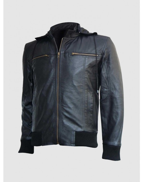 Black Hooded Leather Bomber Jacket