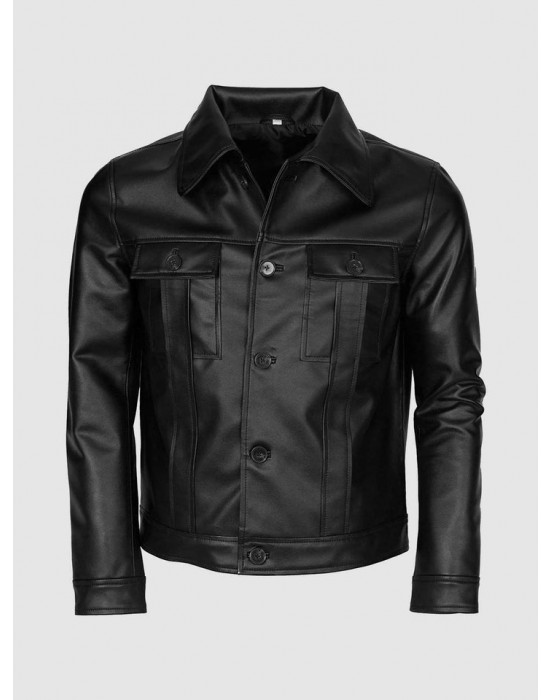 Black Leather Jacket for Men with Folded Collar