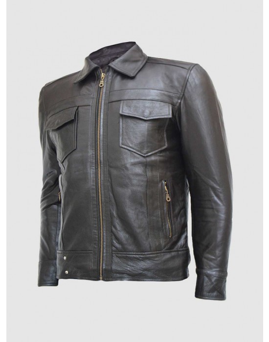 Black Leather Jacket with Classic Zipper