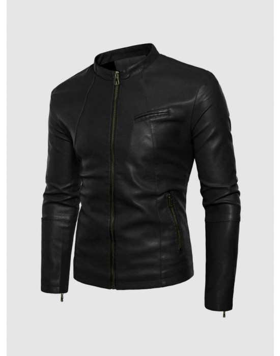 Black Leather Jacket with Small Collar