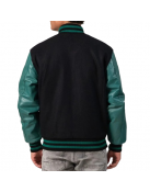 Black Melton Wool Body & Teal Leather Sleeves Letterman Jacket