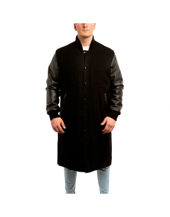 Black Wool Body & Black Leather Sleeves Letterman Coat