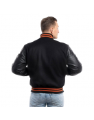 Black Wool Body & Black Leather Sleeves with Orange Stripes Letterman Jacket