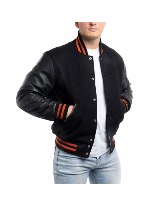 Black Wool Body & Black Leather Sleeves with Orange Stripes Letterman Jacket