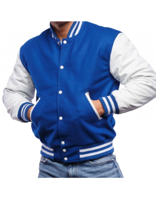 Blue Wool & White Genuine Leather Varsity Letterman Jacket