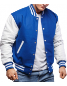 Blue Wool & White Genuine Leather Varsity Letterman Jacket