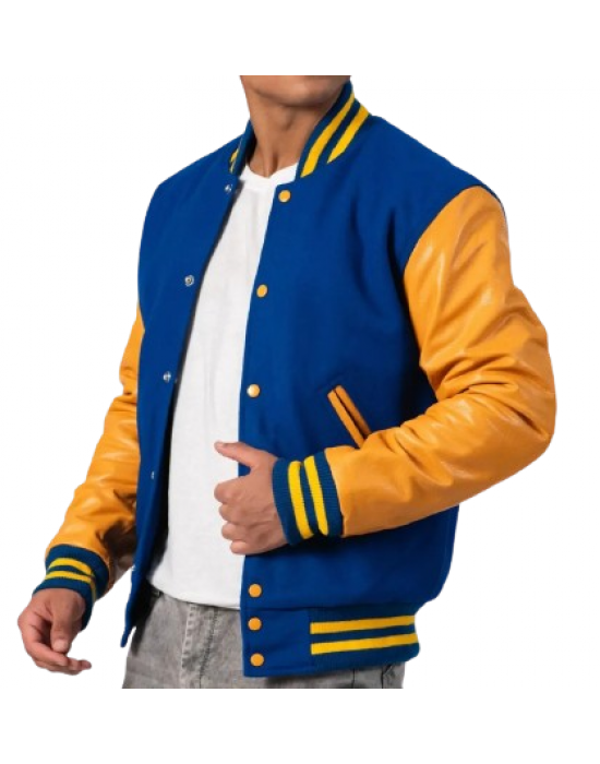 Bright Royal Body & Bright Gold Leather Sleeves Letterman Jacket