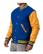 Bright Royal Body & Bright Gold Leather Sleeves Letterman Jacket