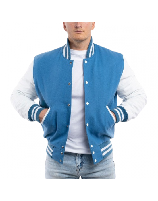 Bright White Leather Sleeves & Newark Blue Wool Body Letterman Jacket