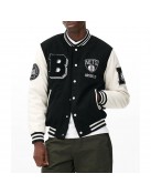 Brooklyn Nets Varsity Black and Off White Jacket