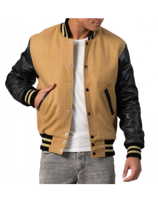 Camel Wool Body & Black Leather Sleeves Letterman Coat