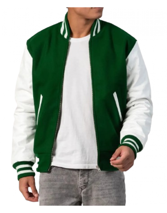 Kelly Green Wool Body & White Leather Sleeves Letterman Jacket With Zipper