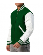 Kelly Green Wool Body & White Leather Sleeves Letterman Jacket With Zipper