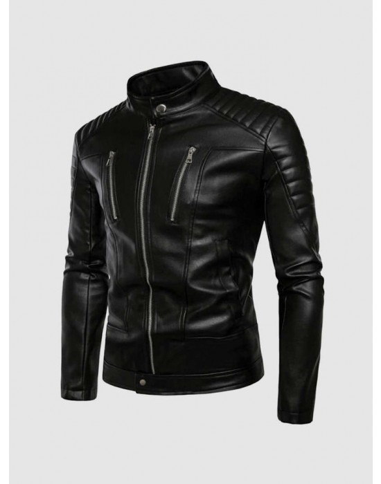 Leather Jacket with Stand-Up Collar