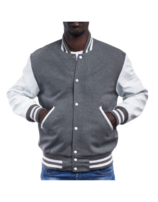 Light Oxford Wool Body & Bright White Leather Sleeves Letterman Jacket