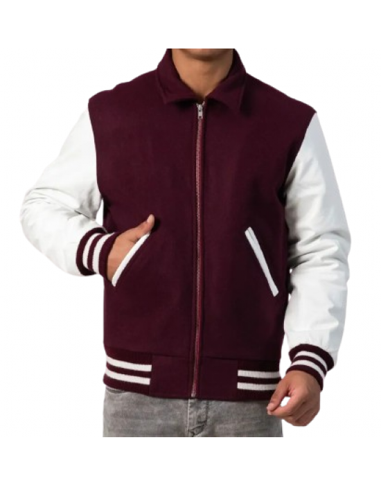 Maroon Body & White Sleeves Letterman Jacket With Byron Collar & Zipper