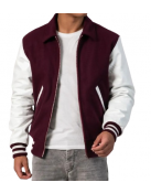 Maroon Body & White Sleeves Letterman Jacket With Byron Collar & Zipper