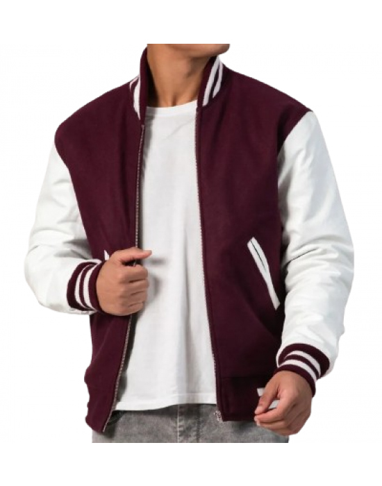 Maroon Wool Body & White Leather Sleeves Letterman Jacket With Zipper