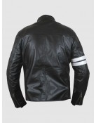 Men's Black Leather Jacket with White Stripes