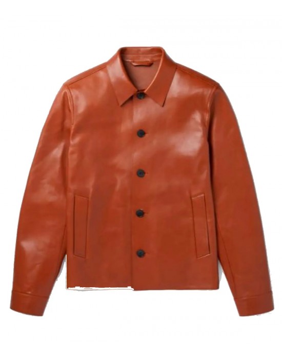 Men’s Brown Leather Blouson Jacket with Shirt Collar