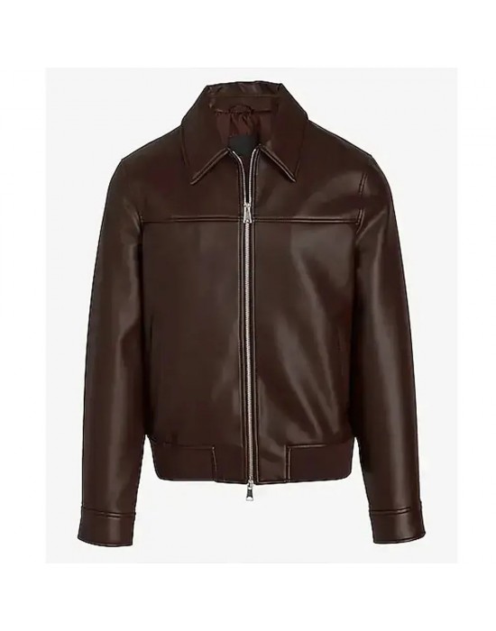 Men’s Faux Leather Jacket with Brown Shirt Collar